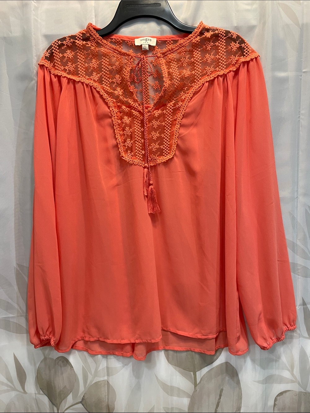 Umgee Coral Crochet Yoke Tassel Peasant Blouse